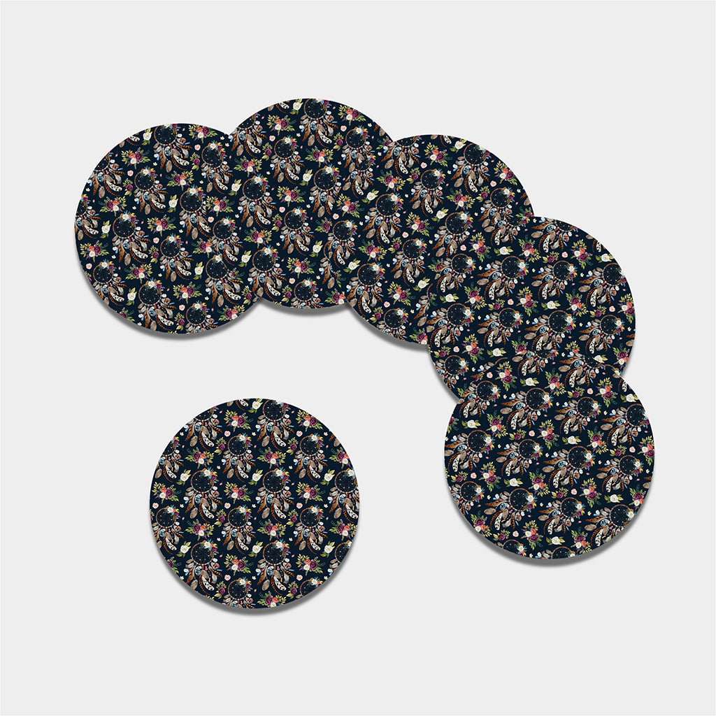 Flower Dream Catcher Pattern Print Leather Coaster Set