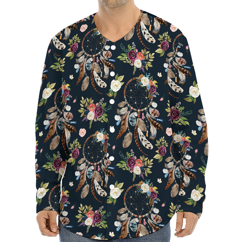 Flower Dream Catcher Pattern Print Long Sleeve Baseball Jersey