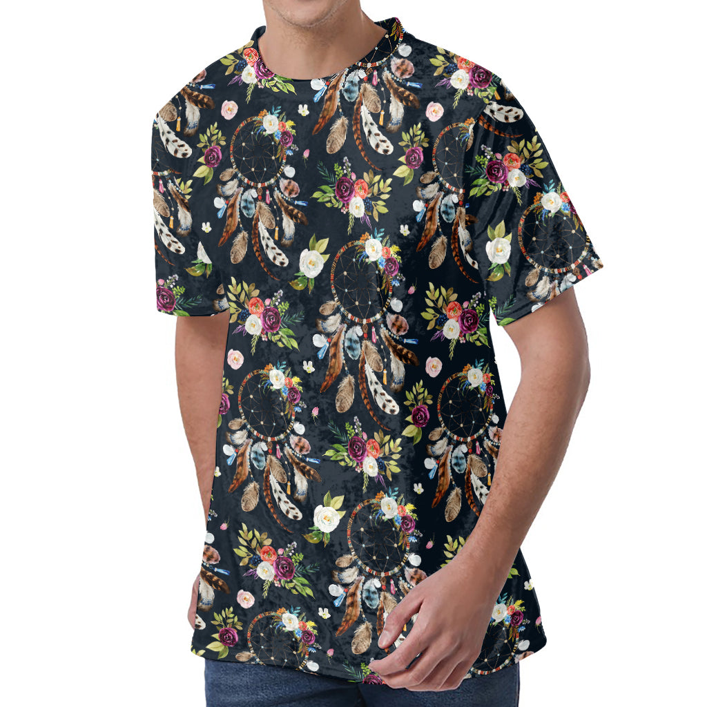 Flower Dream Catcher Pattern Print Men's Velvet T-Shirt