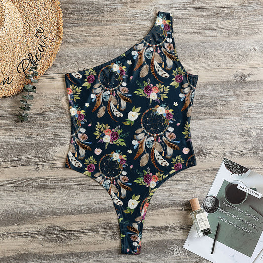 Flower Dream Catcher Pattern Print One Shoulder Bodysuit