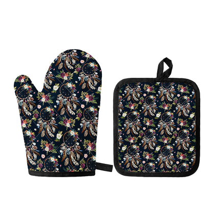 Flower Dream Catcher Pattern Print Oven Mitt And Pot Holder Set