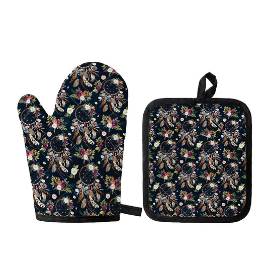 Flower Dream Catcher Pattern Print Oven Mitt And Pot Holder Set