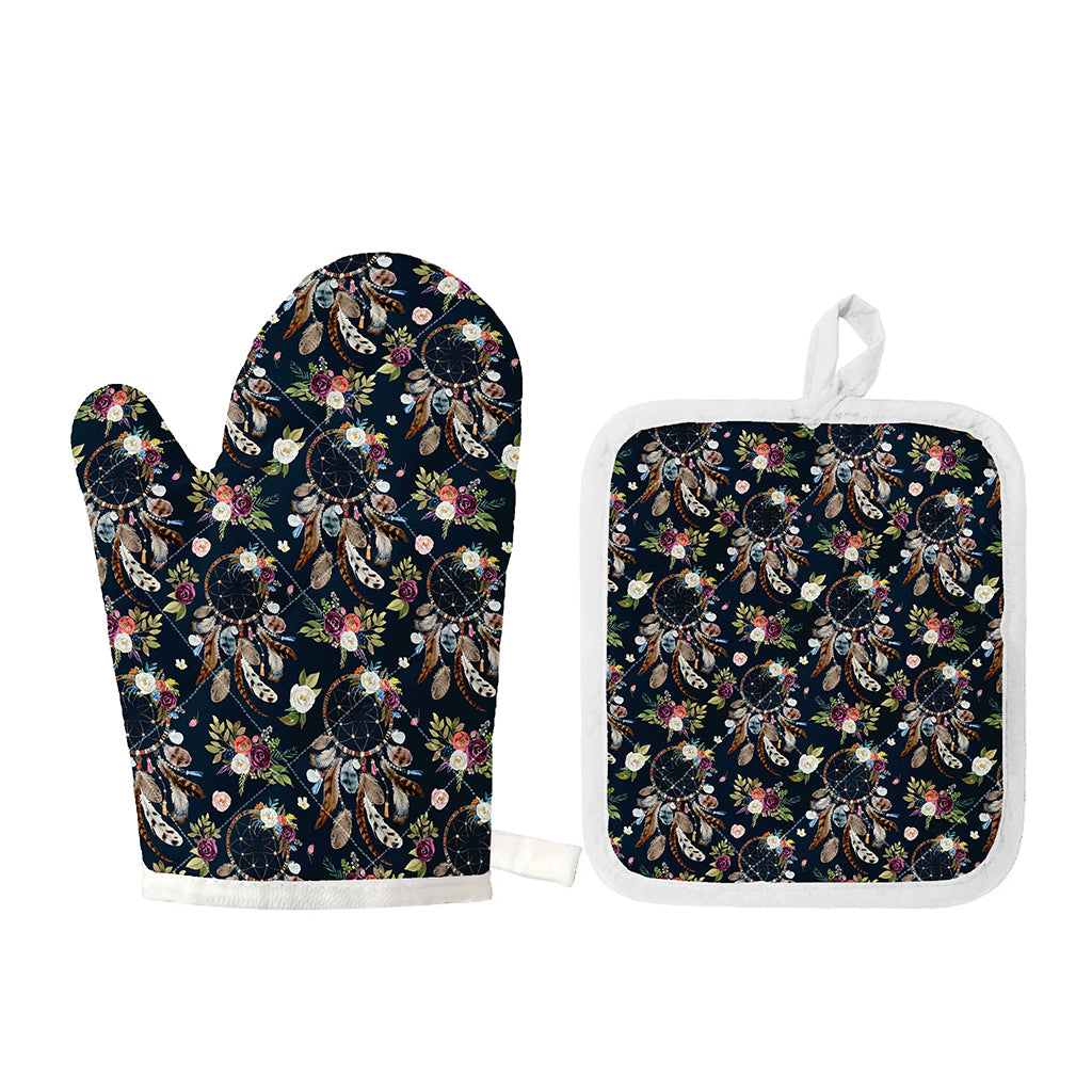 Flower Dream Catcher Pattern Print Oven Mitt And Pot Holder Set