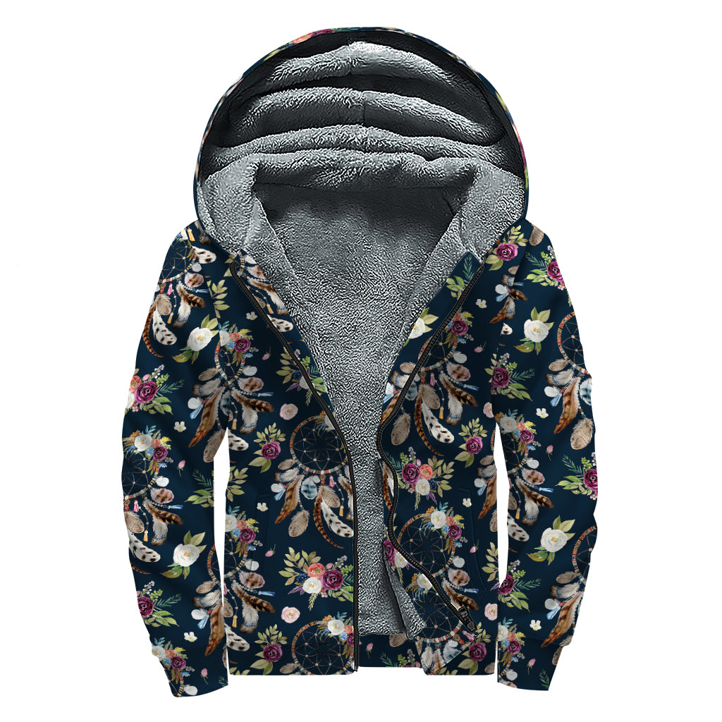 Flower Dream Catcher Pattern Print Sherpa Lined Zip Up Hoodie