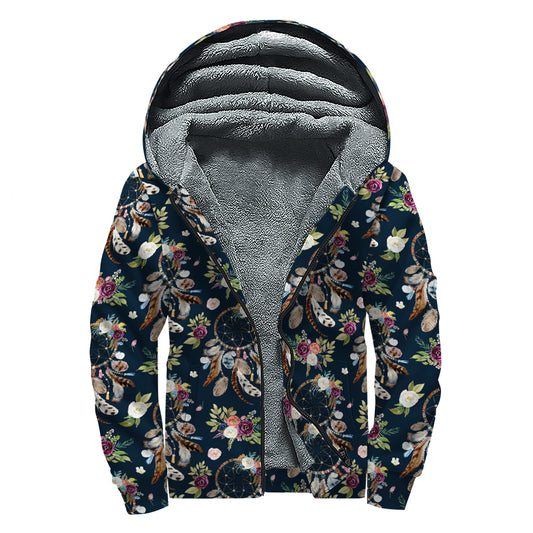 Flower Dream Catcher Pattern Print Sherpa Lined Zip Up Hoodie