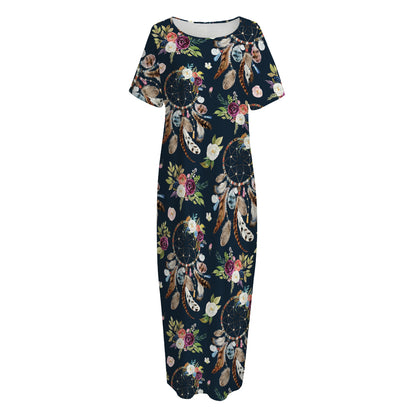 Flower Dream Catcher Pattern Print Short Sleeve Long Nightdress