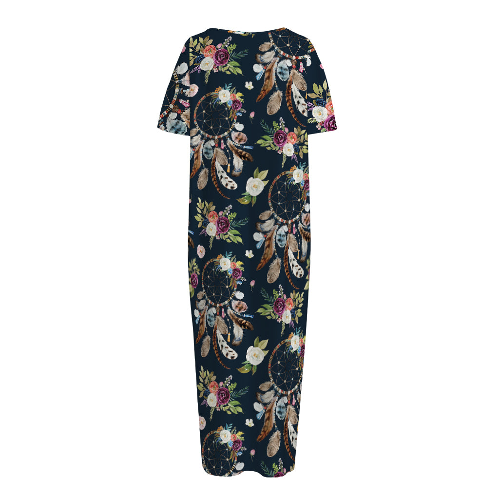 Flower Dream Catcher Pattern Print Short Sleeve Long Nightdress