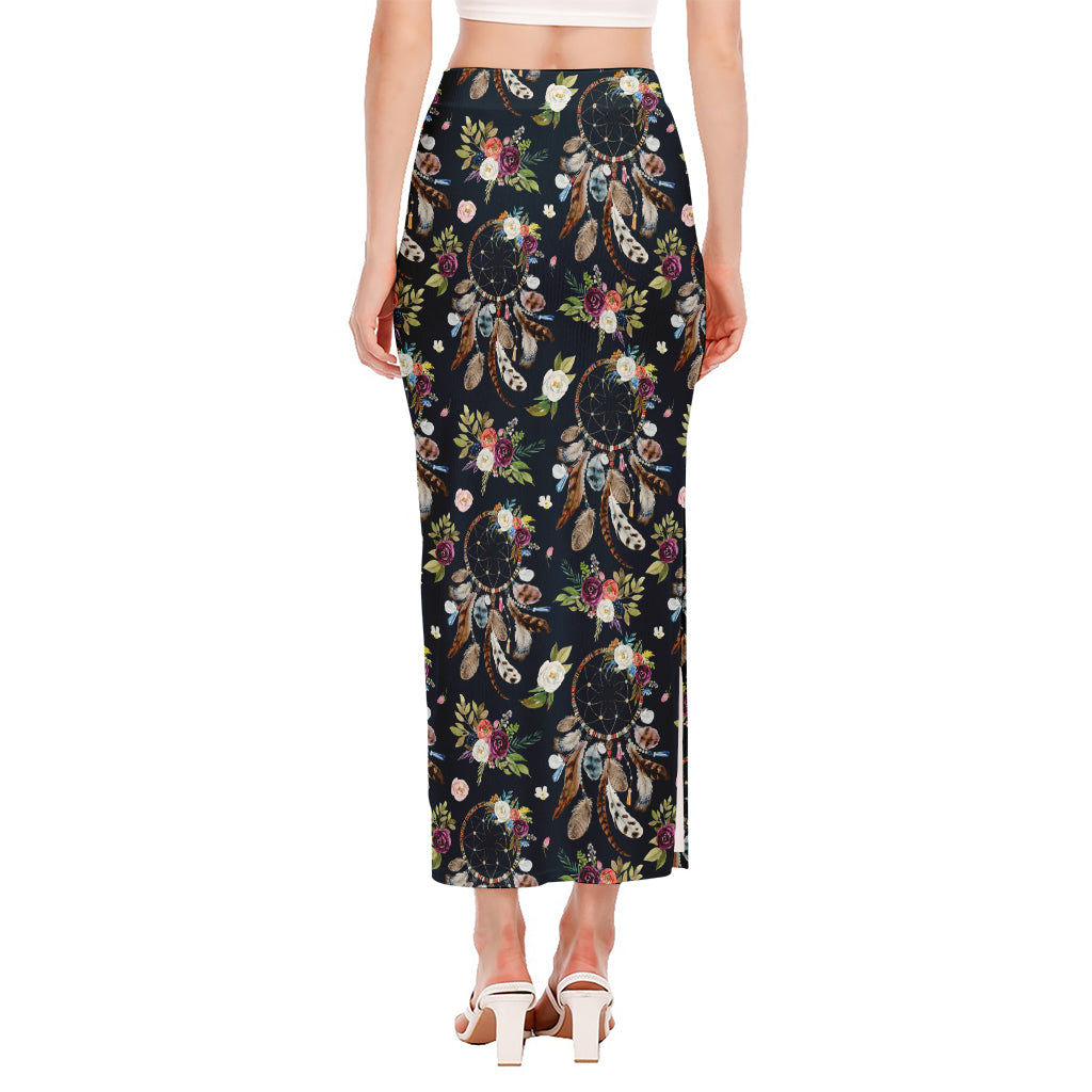 Flower Dream Catcher Pattern Print Side Slit Maxi Skirt