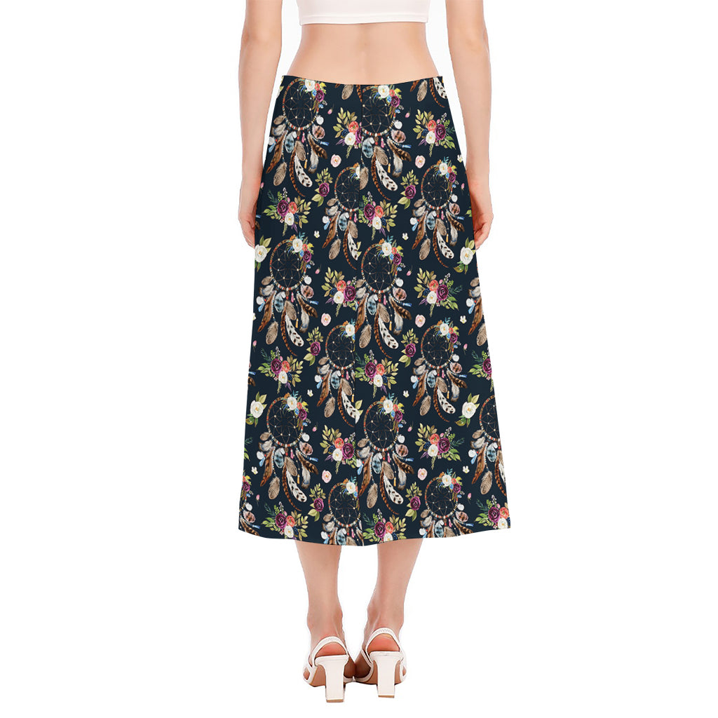 Flower Dream Catcher Pattern Print Side Slit Midi Skirt