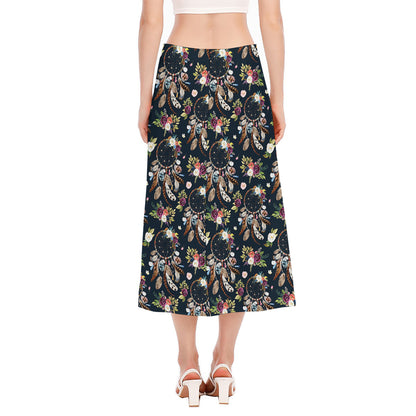 Flower Dream Catcher Pattern Print Side Slit Midi Skirt