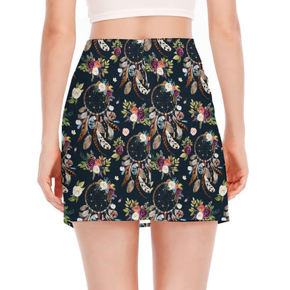 Flower Dream Catcher Pattern Print Side Slit Mini Skirt