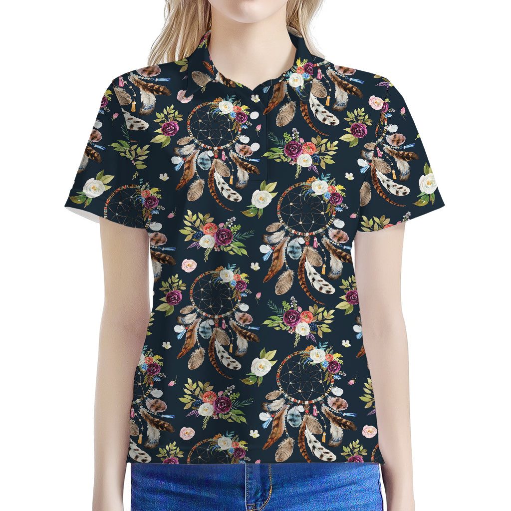 Flower Dream Catcher Pattern Print Women's Polo Shirt