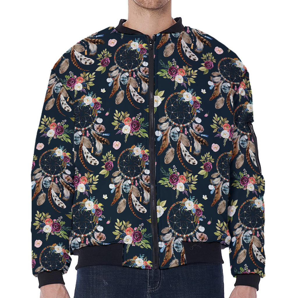 Flower Dream Catcher Pattern Print Zip Sleeve Bomber Jacket