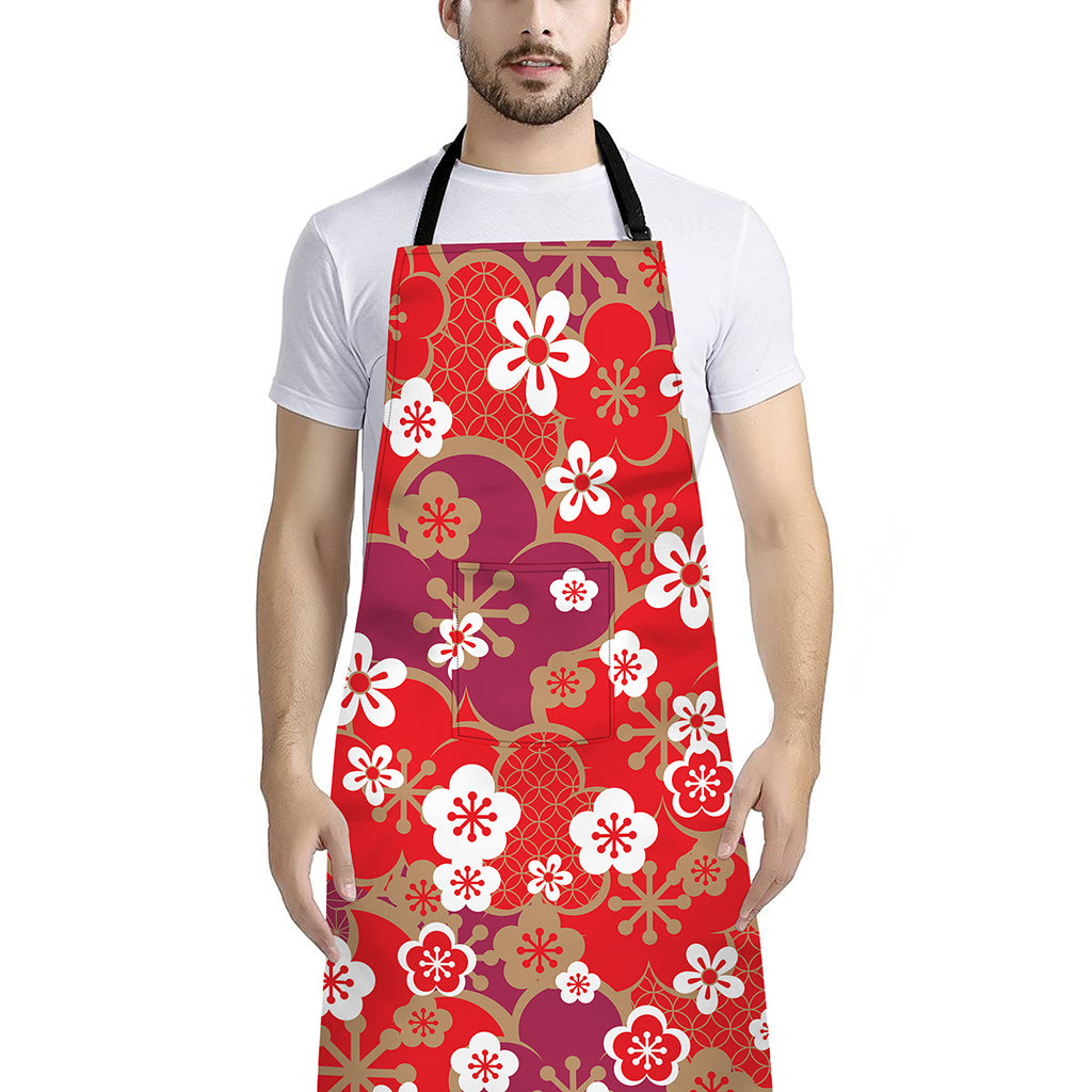 Flower Kimono Pattern Print Bib Apron With Pocket