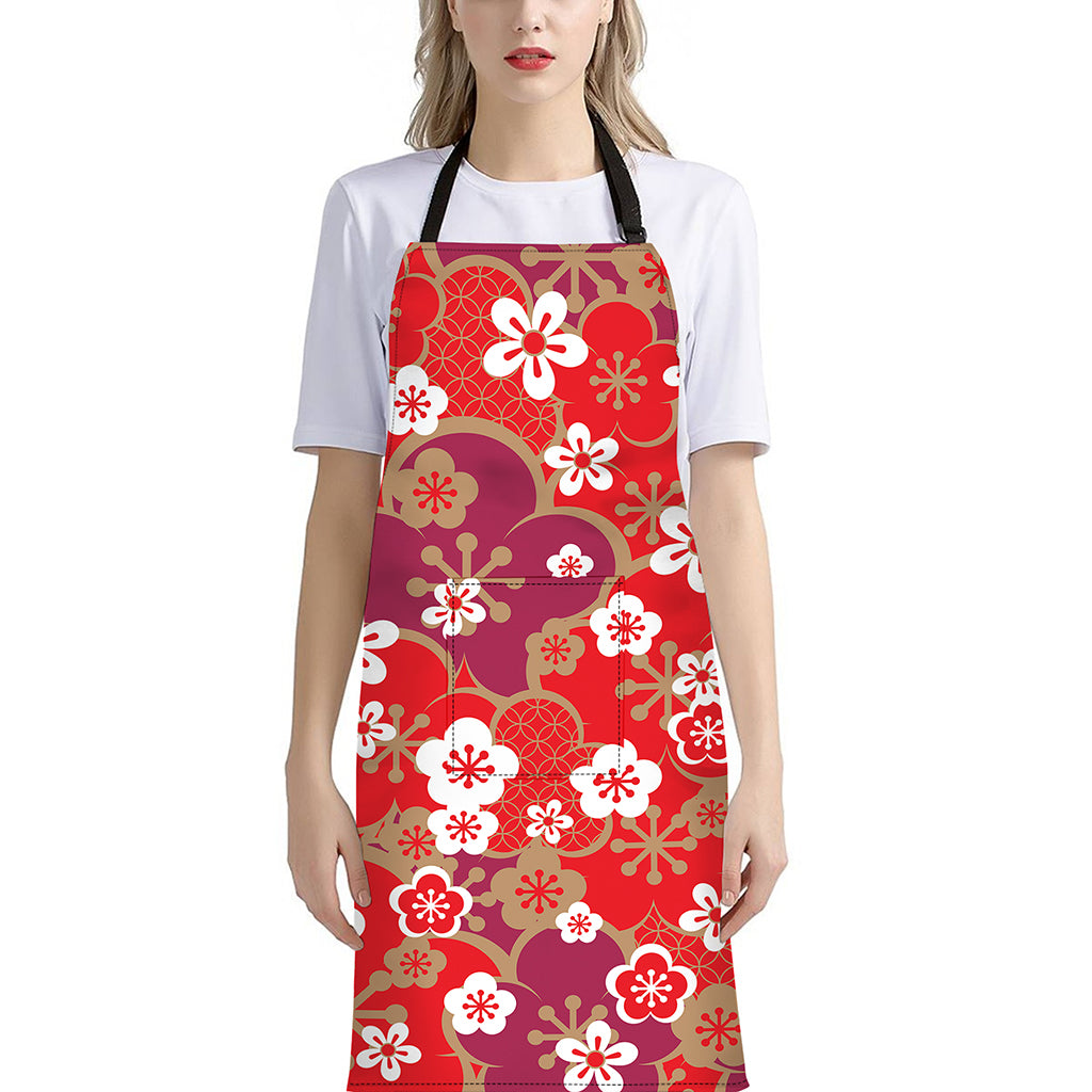 Flower Kimono Pattern Print Bib Apron With Pocket