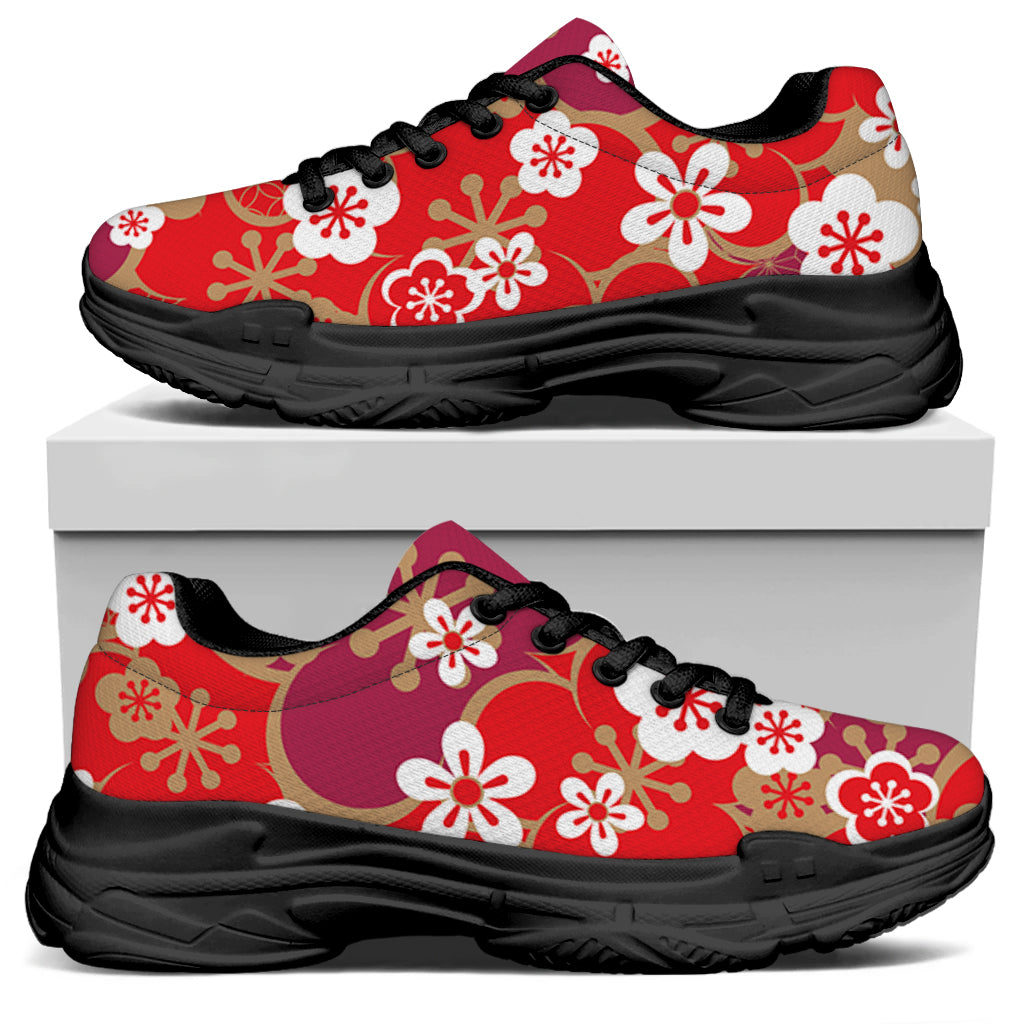 Flower Kimono Pattern Print Black Chunky Shoes