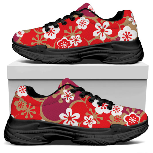 Flower Kimono Pattern Print Black Chunky Shoes