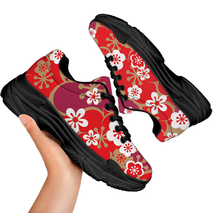 Flower Kimono Pattern Print Black Chunky Shoes