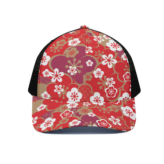 Flower Kimono Pattern Print Black Mesh Trucker Cap