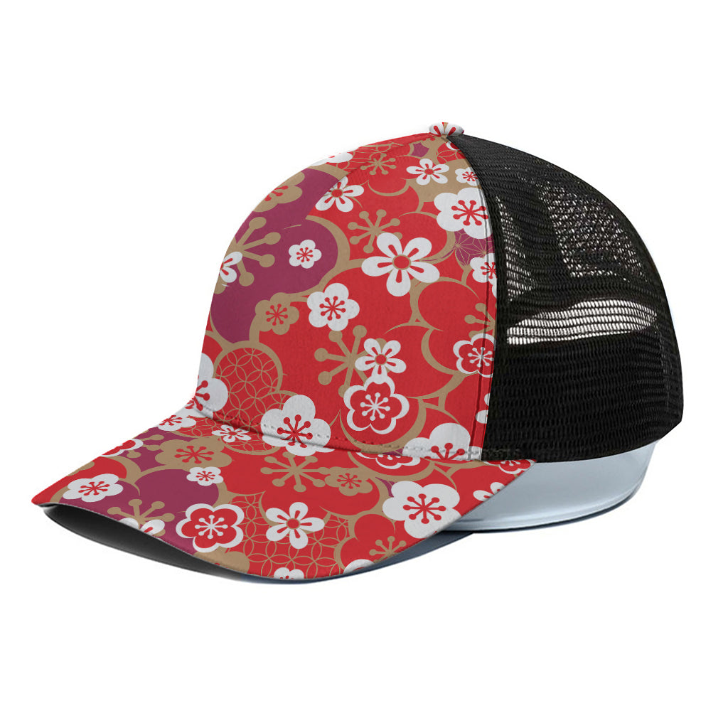 Flower Kimono Pattern Print Black Mesh Trucker Cap