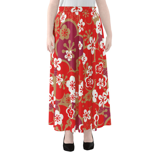 Flower Kimono Pattern Print Chiffon Maxi Skirt