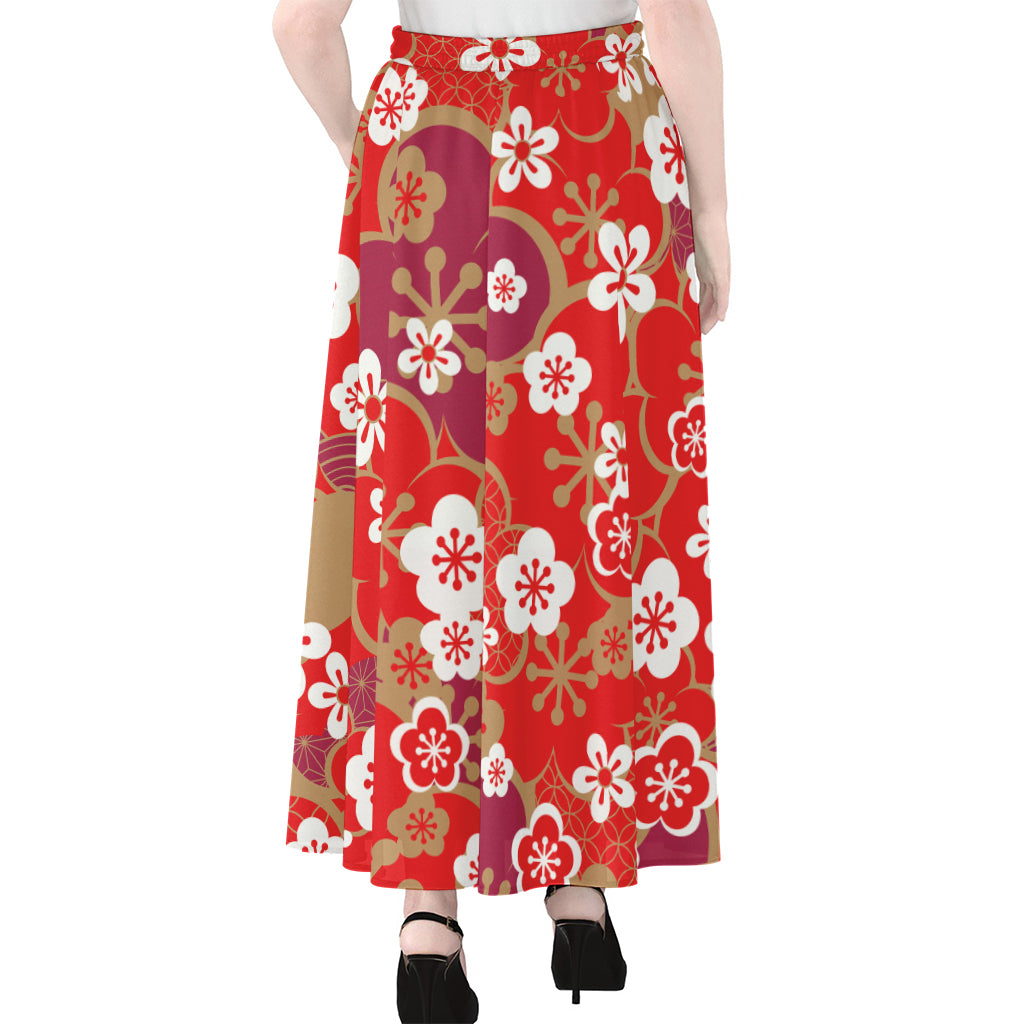 Flower Kimono Pattern Print Chiffon Maxi Skirt