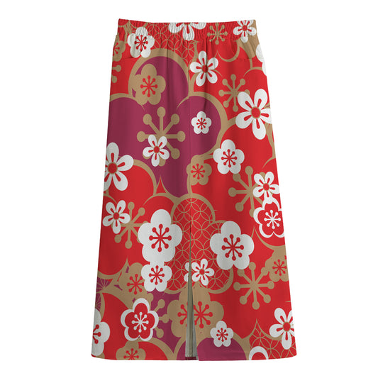 Flower Kimono Pattern Print Cotton Front Slit Maxi Skirt