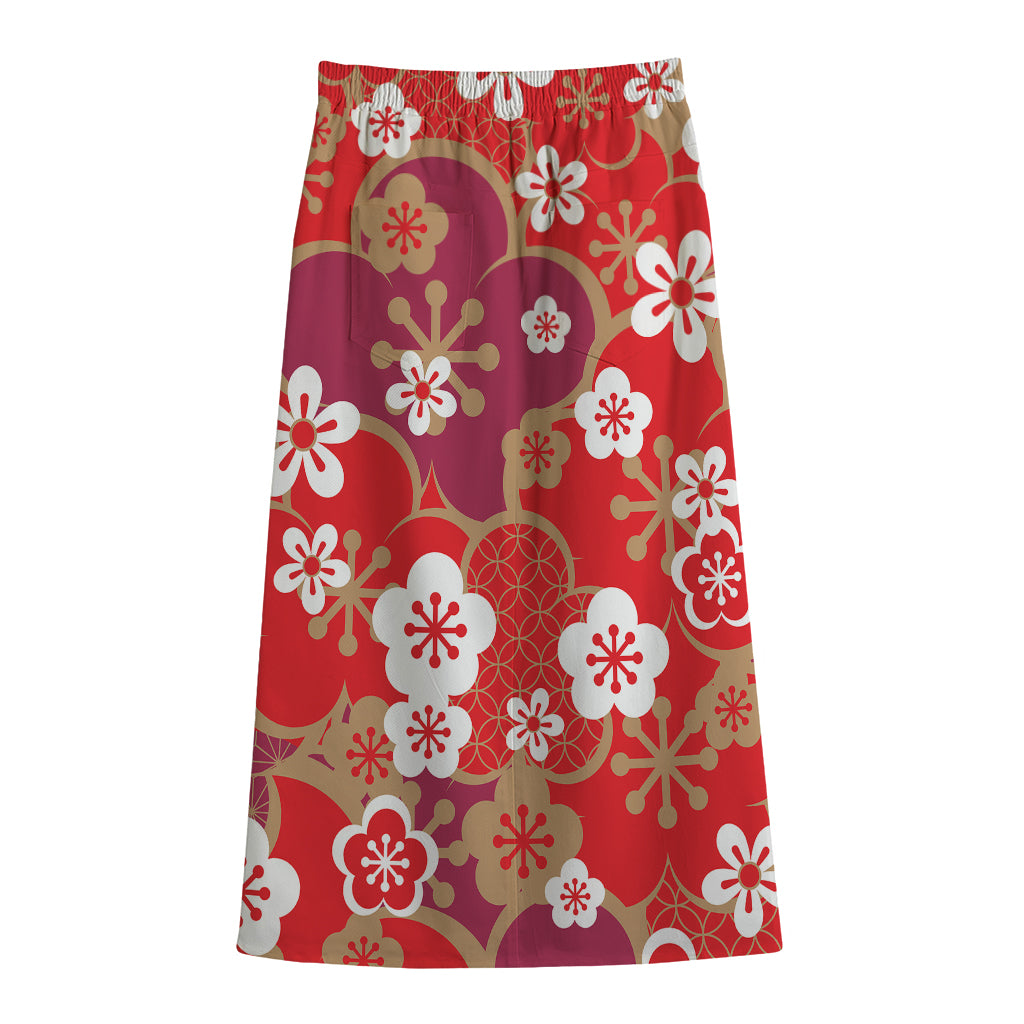 Flower Kimono Pattern Print Cotton Front Slit Maxi Skirt
