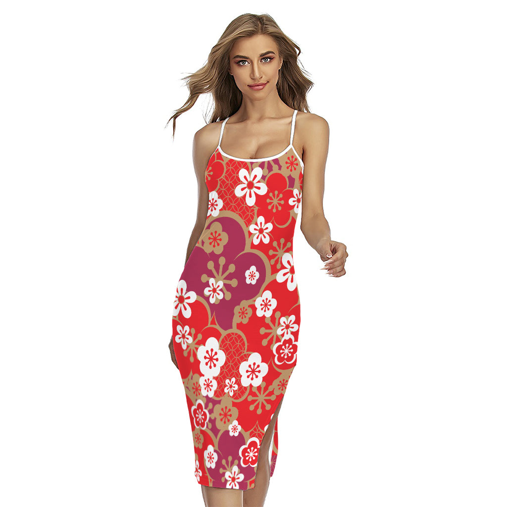Flower Kimono Pattern Print Cross Back Cami Dress