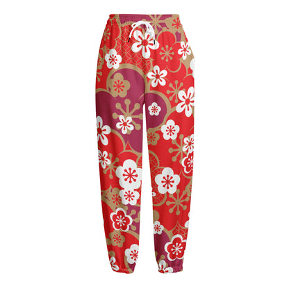 Flower Kimono Pattern Print Fleece Lined Knit Pants