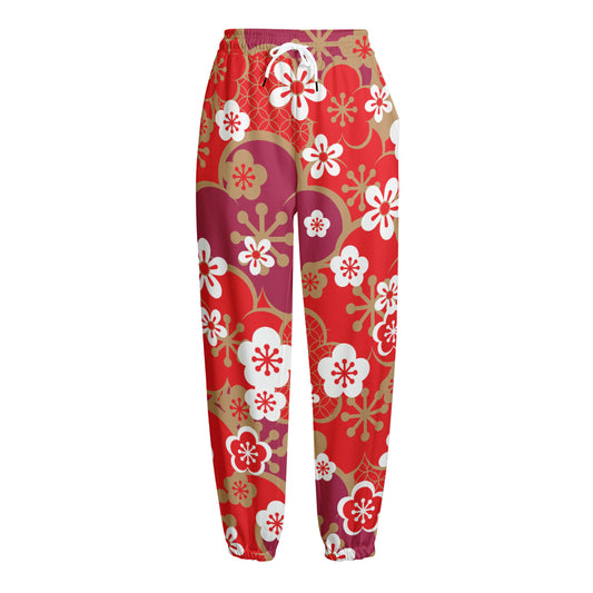 Flower Kimono Pattern Print Fleece Lined Knit Pants