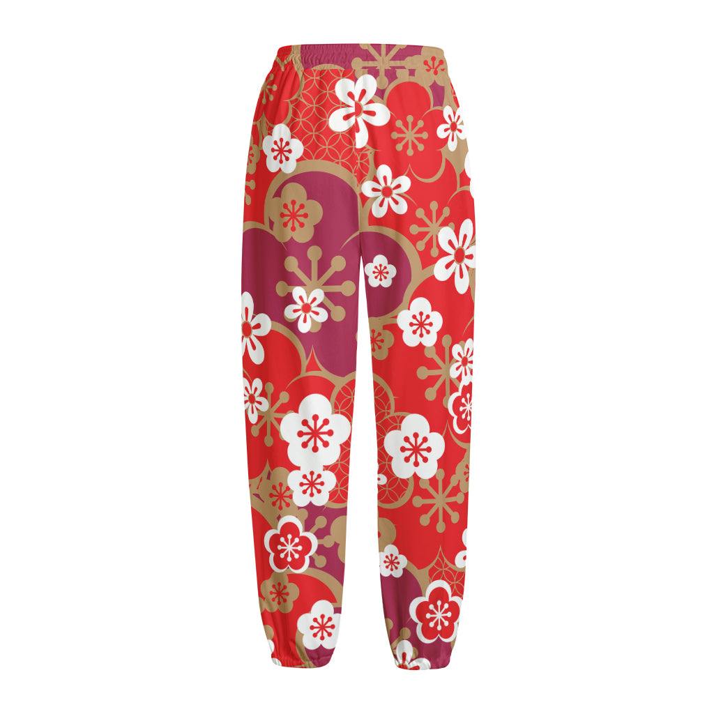 Flower Kimono Pattern Print Fleece Lined Knit Pants