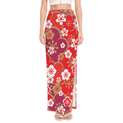 Flower Kimono Pattern Print High Slit Maxi Skirt