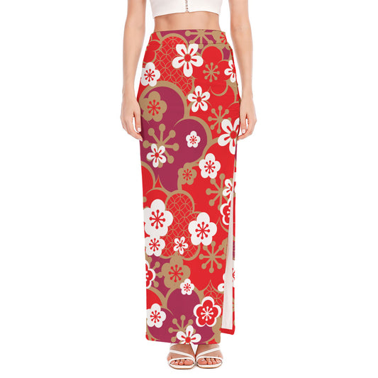 Flower Kimono Pattern Print High Slit Maxi Skirt