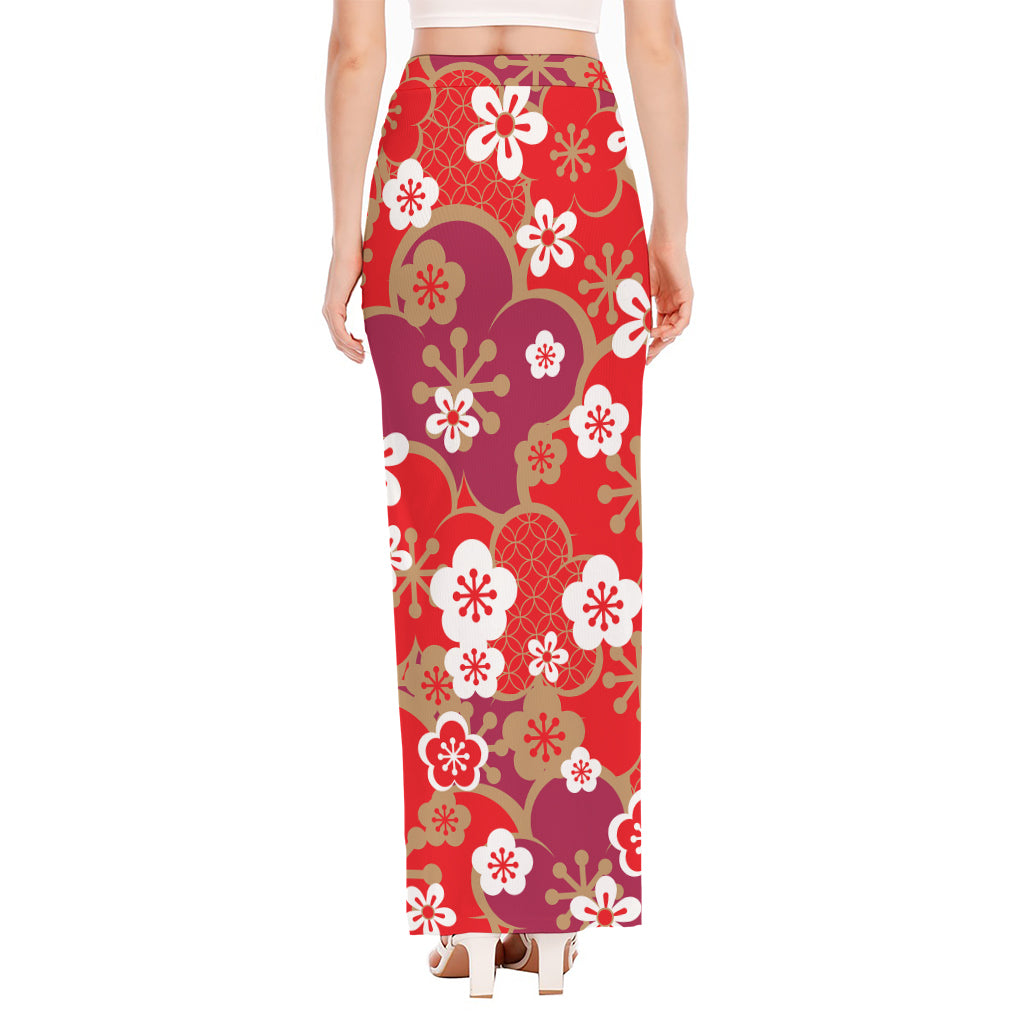 Flower Kimono Pattern Print High Slit Maxi Skirt