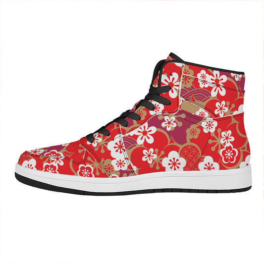 Flower Kimono Pattern Print High Top Leather Sneakers