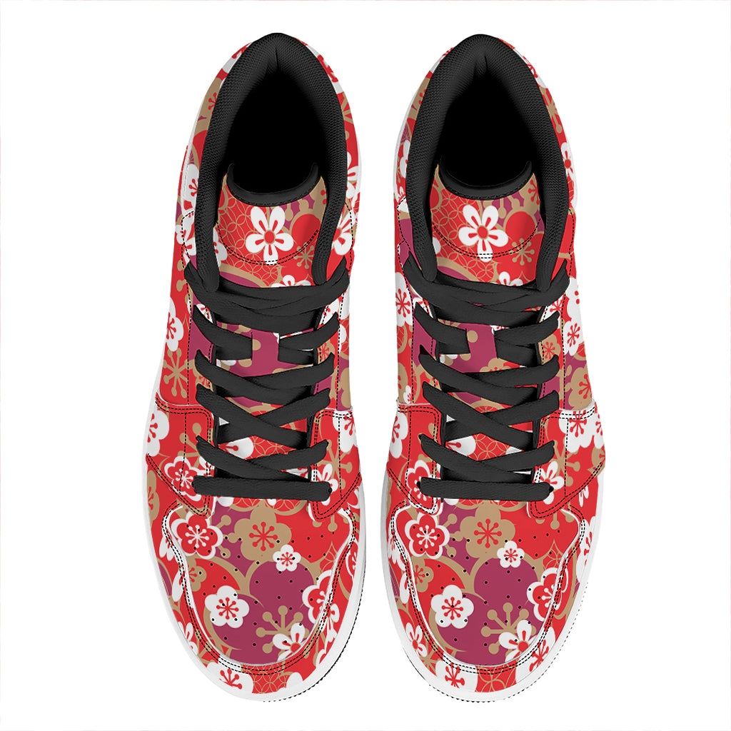 Flower Kimono Pattern Print High Top Leather Sneakers