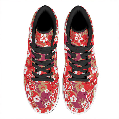 Flower Kimono Pattern Print High Top Leather Sneakers