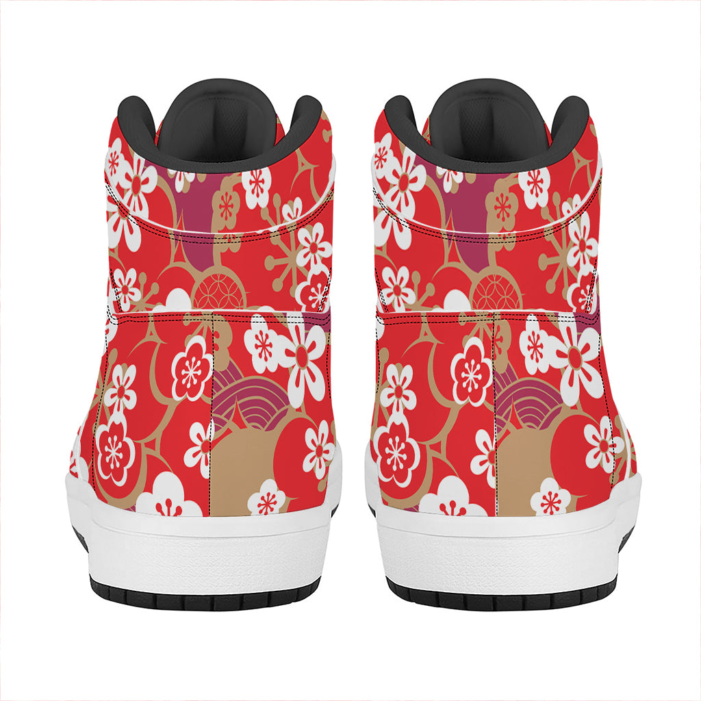 Flower Kimono Pattern Print High Top Leather Sneakers