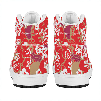 Flower Kimono Pattern Print High Top Leather Sneakers