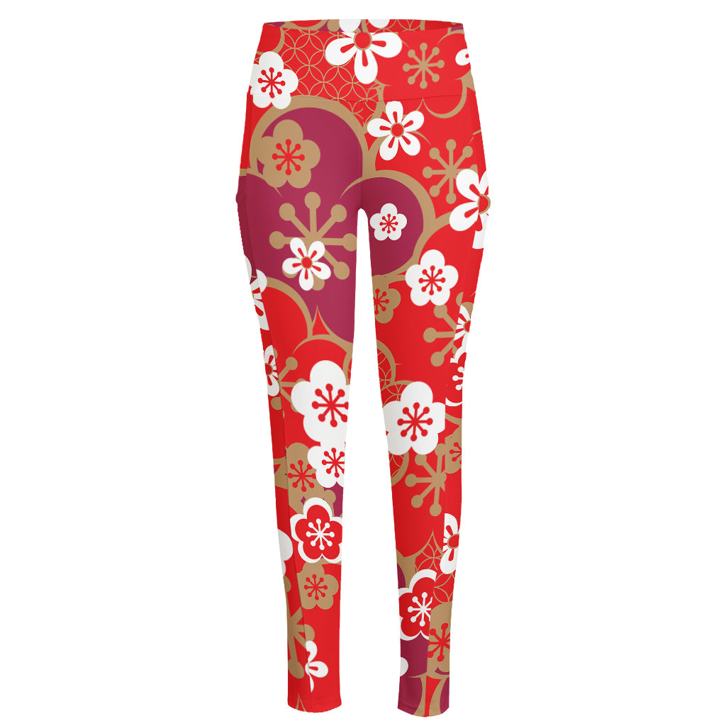 Flower Kimono Pattern Print High-Waisted Pocket Leggings