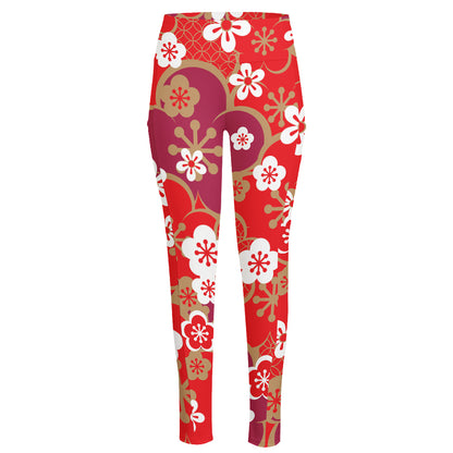 Flower Kimono Pattern Print High-Waisted Pocket Leggings