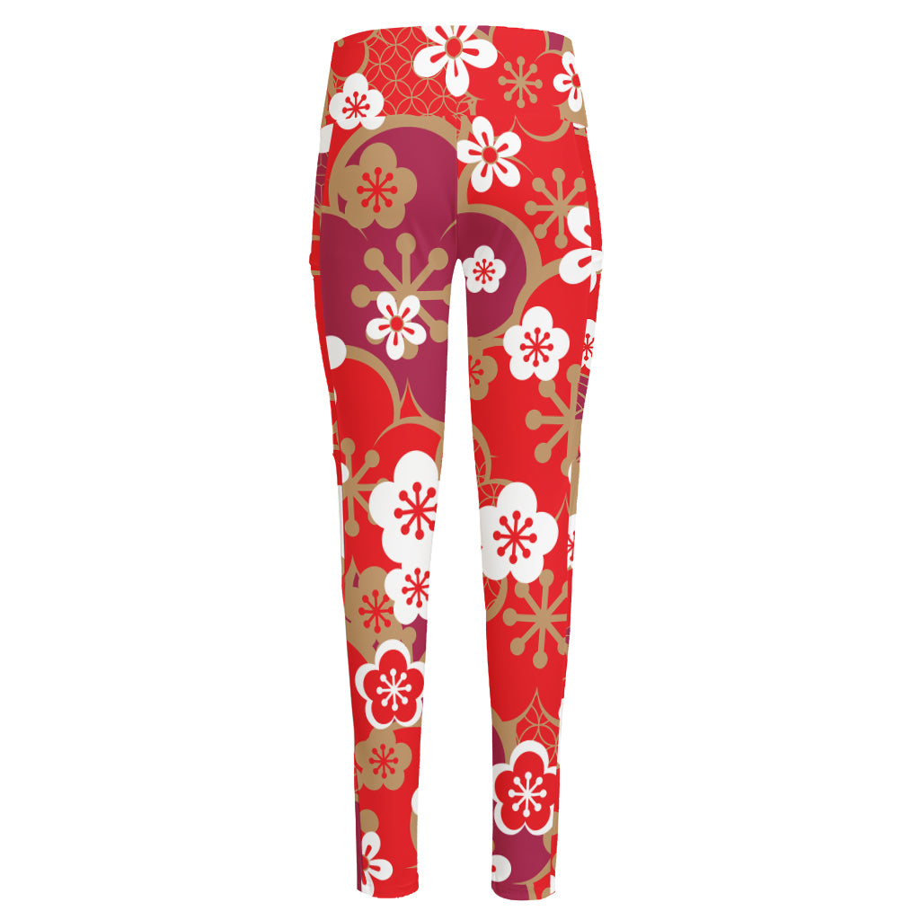 Flower Kimono Pattern Print High-Waisted Pocket Leggings