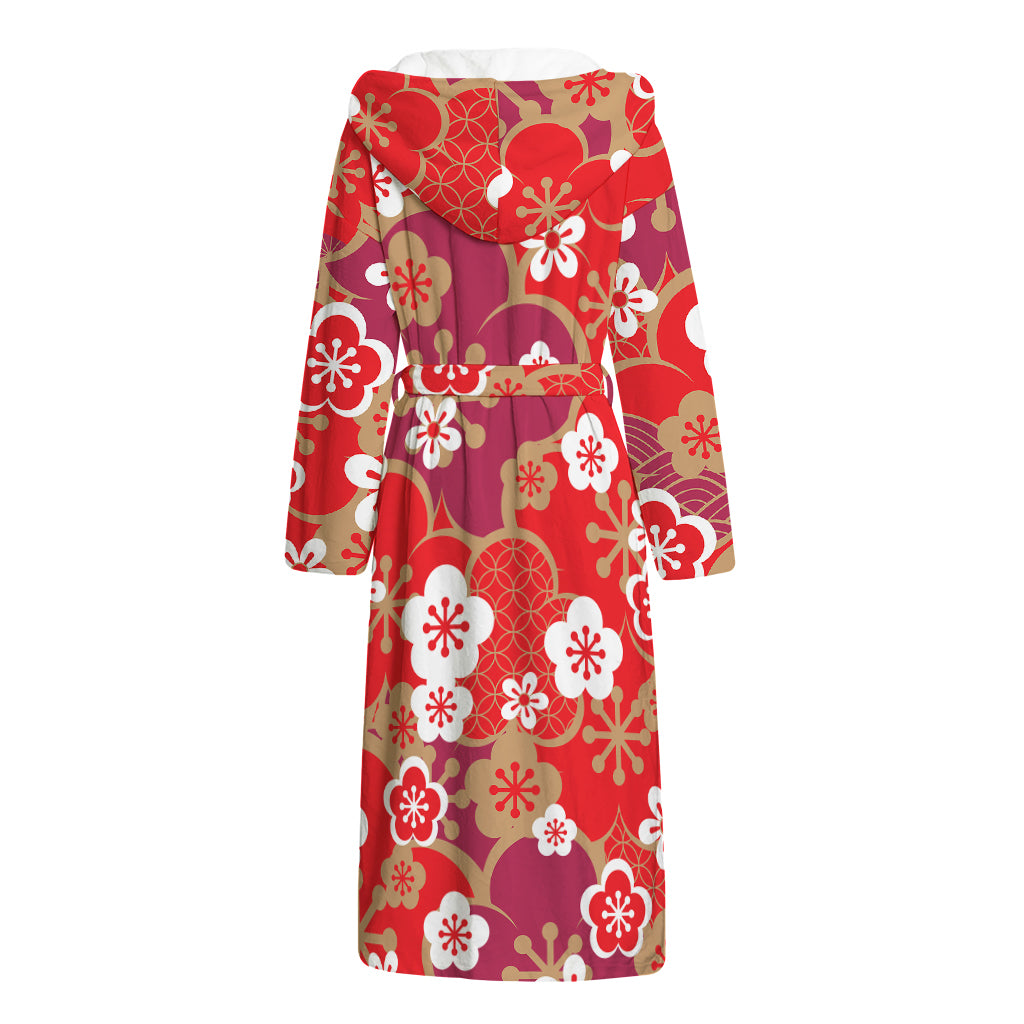 Flower Kimono Pattern Print Hooded Bathrobe