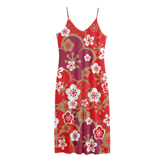 Flower Kimono Pattern Print Jersey Midi Cami Dress
