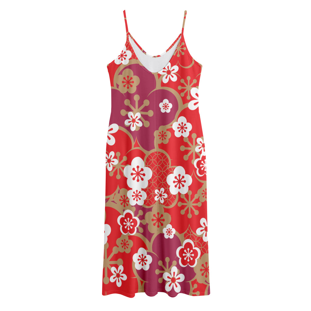 Flower Kimono Pattern Print Jersey Midi Cami Dress