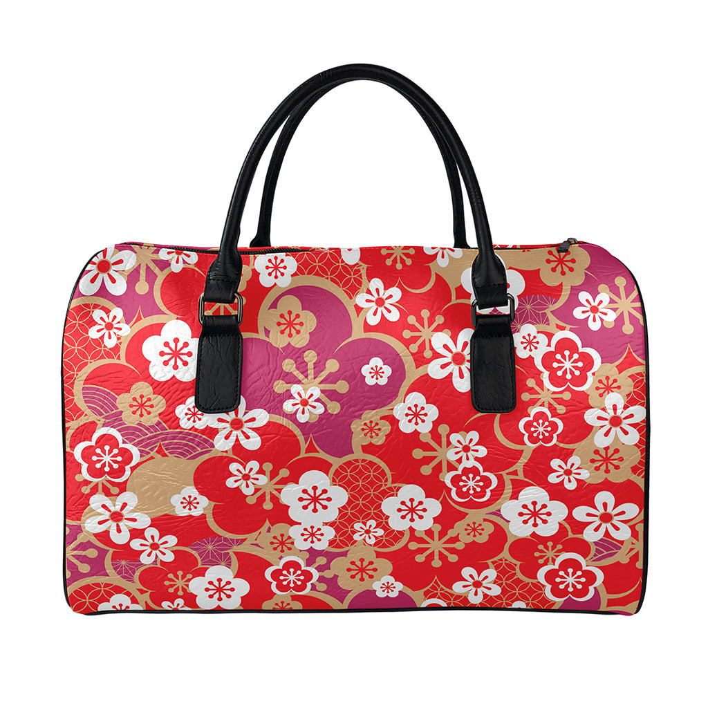 Flower Kimono Pattern Print Leather Duffle Bag