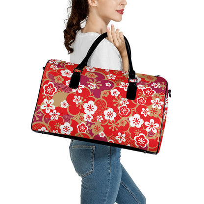 Flower Kimono Pattern Print Leather Duffle Bag