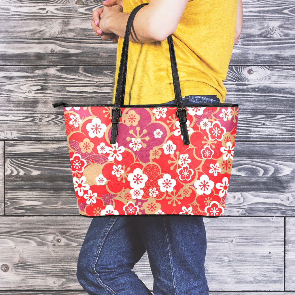Flower Kimono Pattern Print Leather Tote Bag