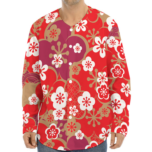Flower Kimono Pattern Print Long Sleeve Baseball Jersey